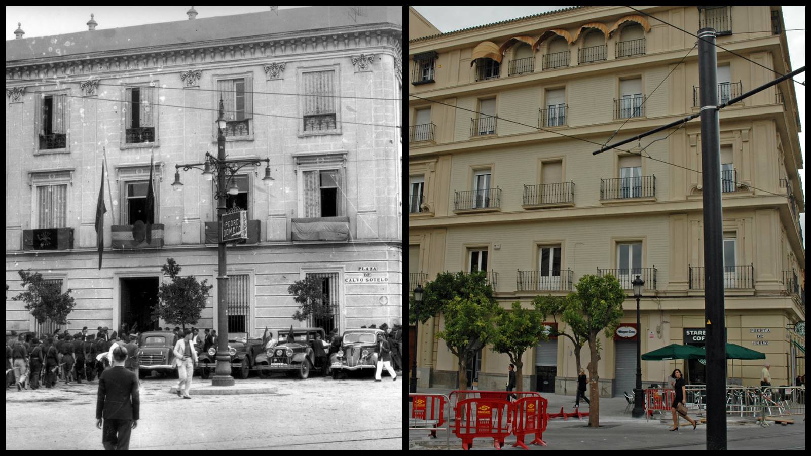 Sede provisional de Falange en 1937 donde hoy está el edificio de La Equitativa