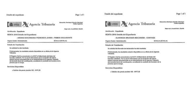 Documentos remitidos por las Agencia Tributaria a Javier Arenas y Macarena Olivencia notificando el fallecimiento de ambos