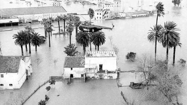 Un helic�ptero sobrevuela la Vega de Triana inundada