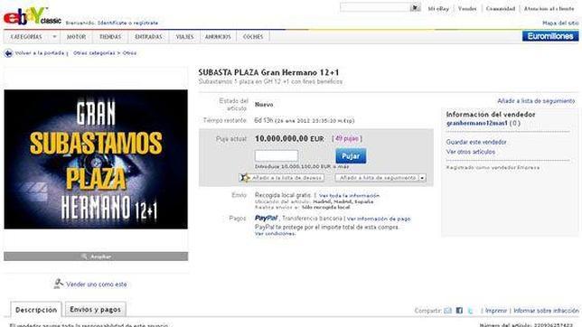 El ganador de la puja de Gran Hermano 12+1 en eBay paga 69.100 euros por entrar en la casa El ganador de la puja de Gran Hermano 12+1 en eBay paga 69.100 euros por entrar en la casa