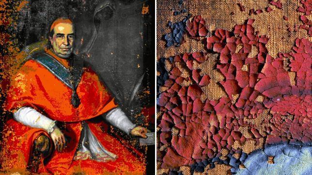 Retrato del cardenal Delgado y Venegas, firmado en 1780 por Joaqu�n Inza, disc�pulo de Francisco de Goya. A la derecha puede comprobarse el estado de cuarteamiento y p�rdidas del lienzo