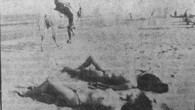 Un caballo por la playa ante dos jóvees en topless en el año 83