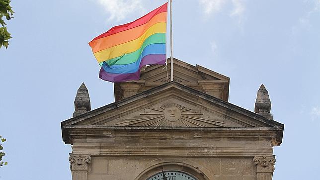 La bandera multicolor, ondeando en el m�stil principal del Ayuntamiento