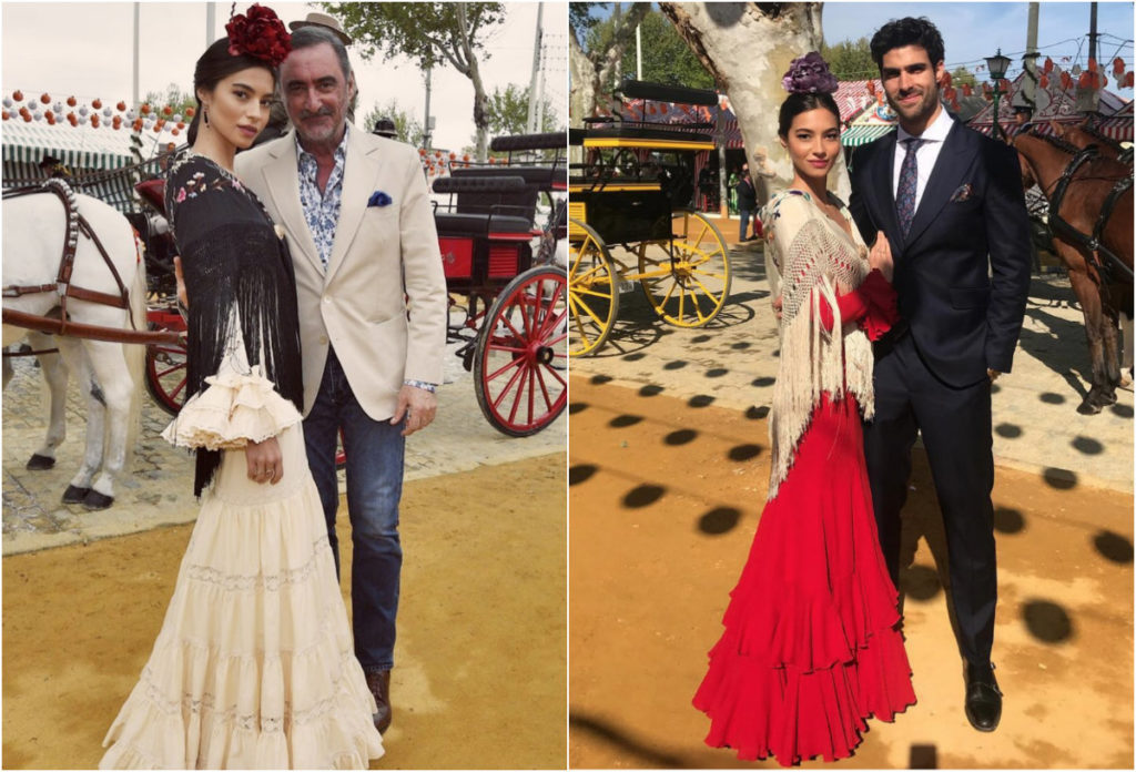 Rocío Crusset vestida de flamenca en la Feria de Abril 2018 junto a su padre y su novio. Fotos: Instagram