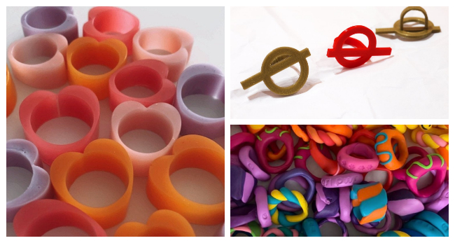 Anillo de corazón de Lilac (35 euros), anillos fabricados en PLA, de Somos Vértice (15 euros) y anillo de colores de gummy_pieces (6 euros). 