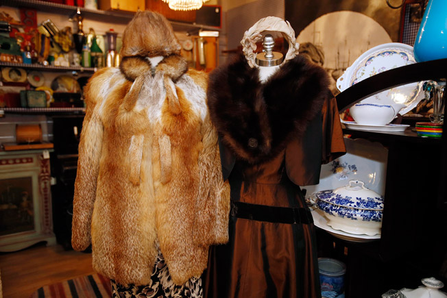 Abrigo de pelo de zorro y vestido tornasol de los años 50 con capota y estola de visón