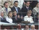 12/05/04. Don Felipe de Borb�n y Do�a Letizia, acompa�ados por Esperanza Aguirre, acuden a la corrida de toros de Las Ventas
