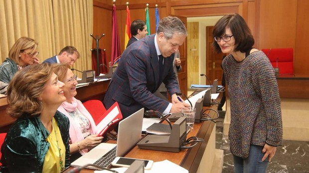La edil de Infraestructuras, Amparo Pernichi (IU), dialoga hoy antes del Pleno con la bancada del PP