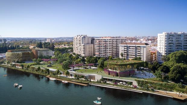 Recreación del jardín y los dos edificios