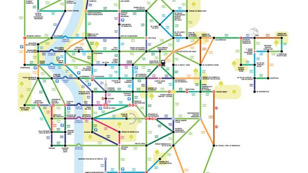 El mapa de la red de itinerarios para caminar por Sevilla