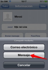 Cómo enviar un contacto de la agenda por iMessage en iOS, paso4, mensaje